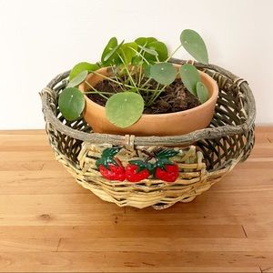 Large Vintage Strawberry Themed Woven Basket